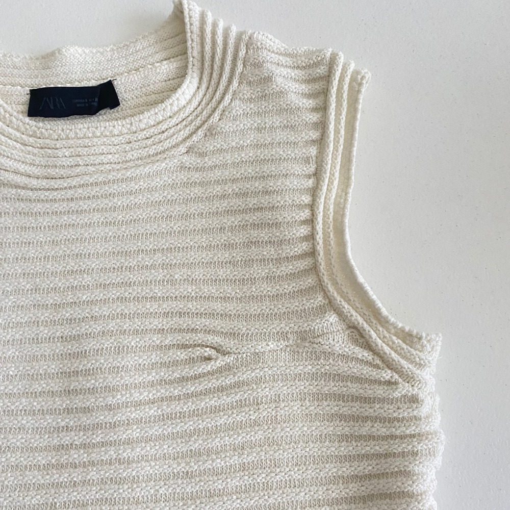 Zara Women's Cream Ribbed Knit Sleeveless Mini Dress Shaggy Fringe Hem Size S - Picture 4 of 9